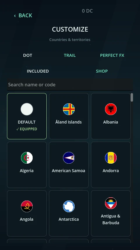 The current Customize screen showing cosmetic Dot choices and equip controls.